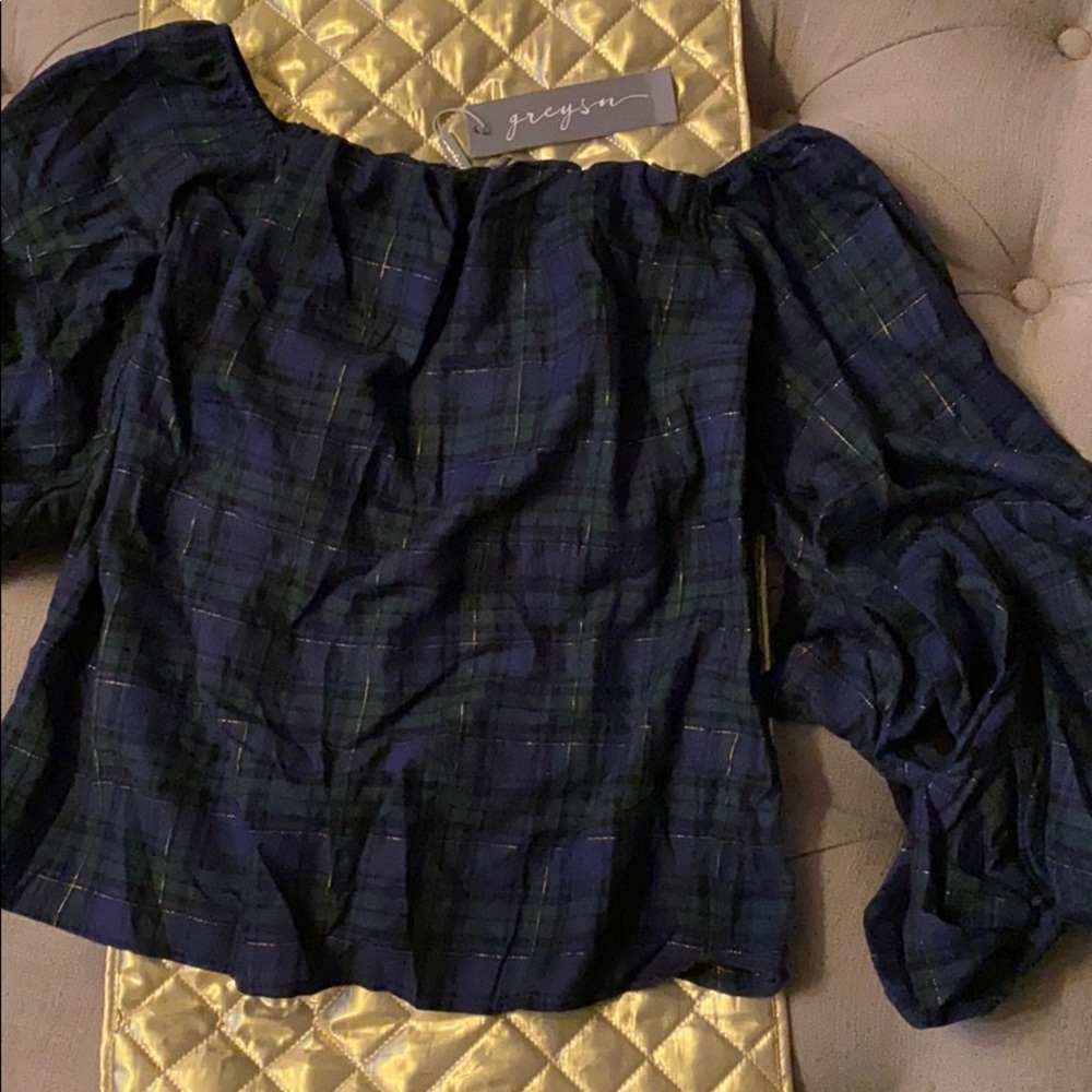Plaid Off the Shoulder Top with Puff Sleeves